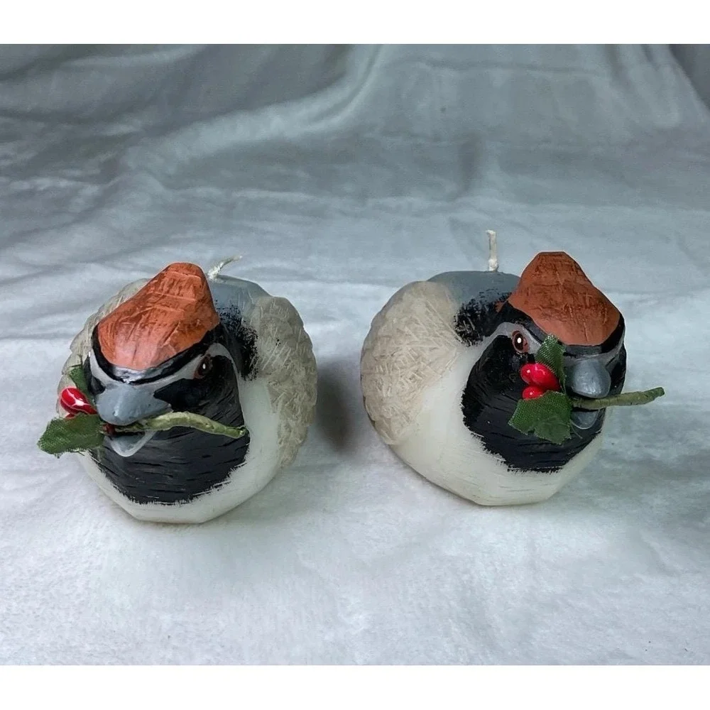 Vintage Pair Bobwhite Quail Bird Candles Holly Berries Christmas Rustic Woodland